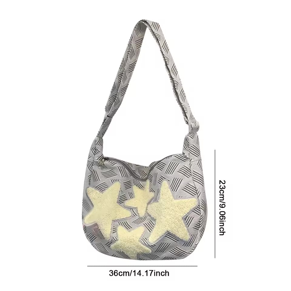Korean Style Plush Star Patch Sling Bag – With Peach Charm