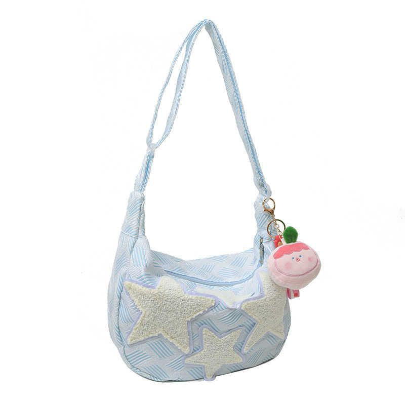 Casual Canvas Shoulder Crossbody With Plushie Stars With Dumpling Bun Keychain