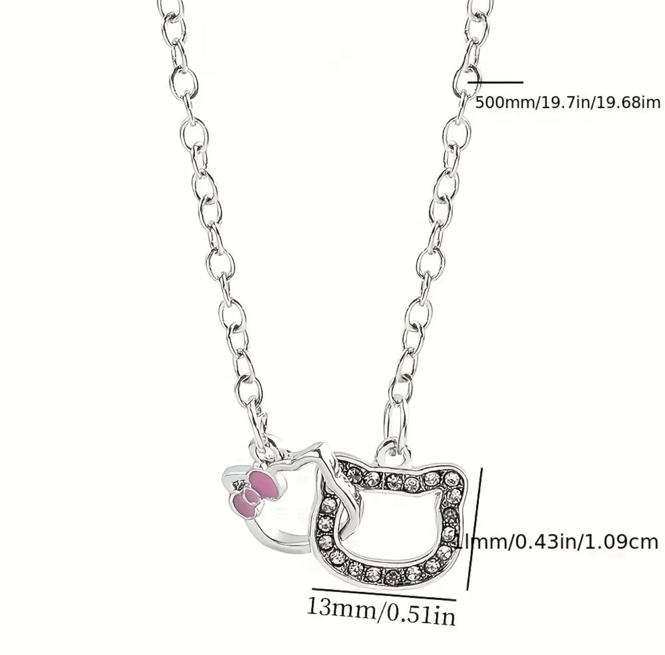 Hello Kitty Outline Pendant Necklace – Dainty Silver with Pink Bow Accent