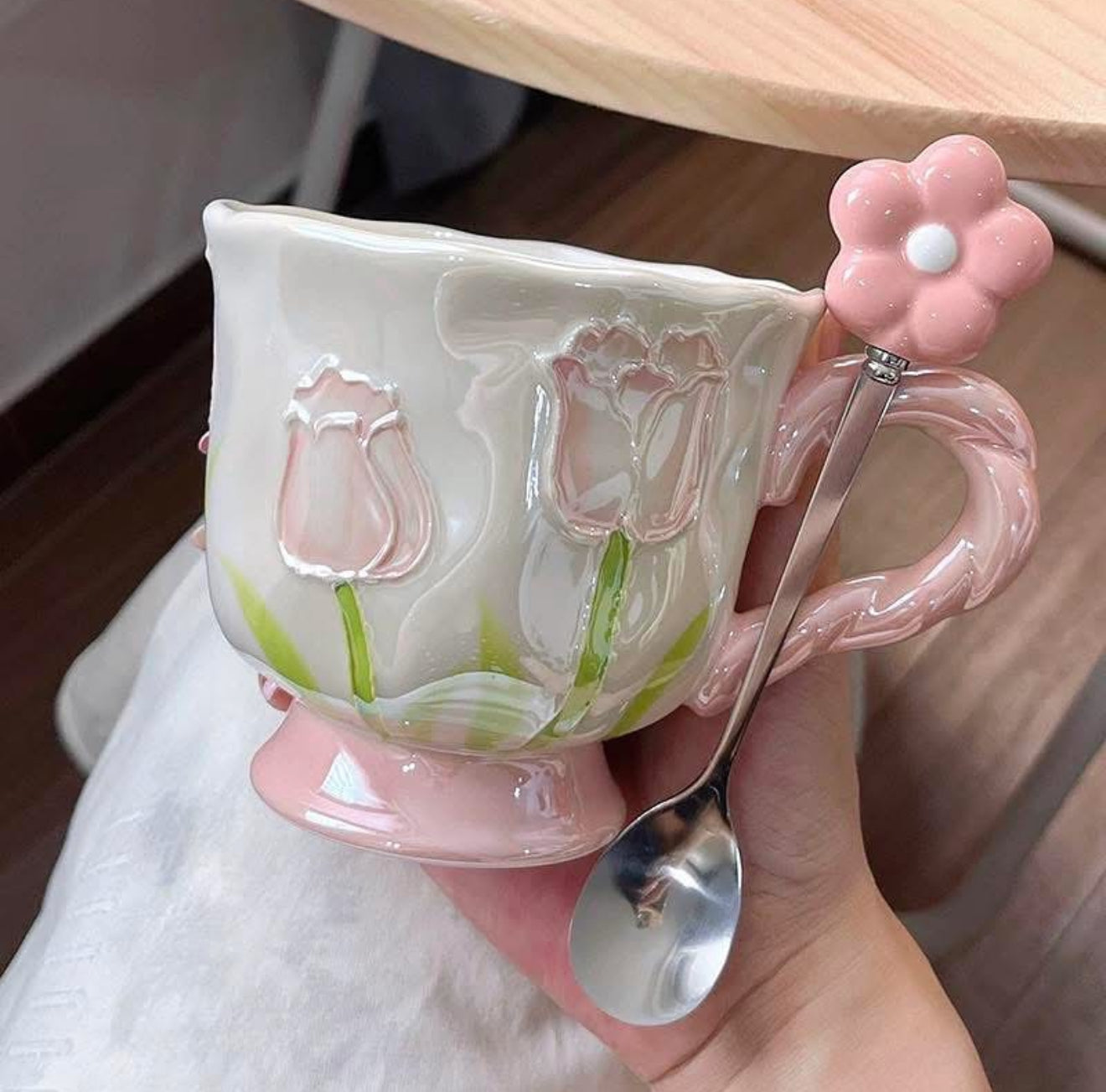 Blush Tulip Mug with Flower Spoon
