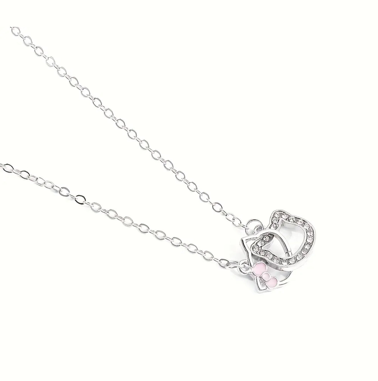 Hello Kitty Outline Pendant Necklace – Dainty Silver with Pink Bow Accent