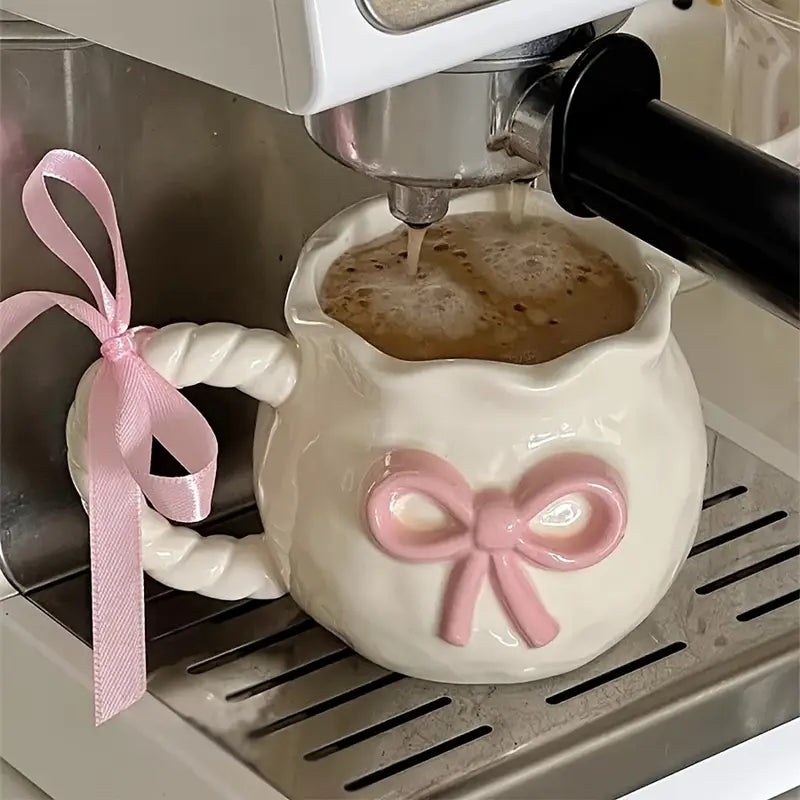 Blush Ribbon Mug with Sakura Flower Spoon– Handcrafted Pink Bow Edition