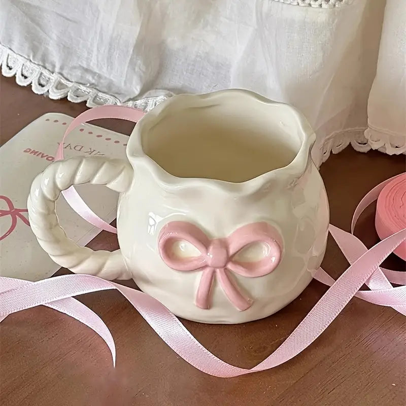 Blush Ribbon Mug with Sakura Flower Spoon– Handcrafted Pink Bow Edition