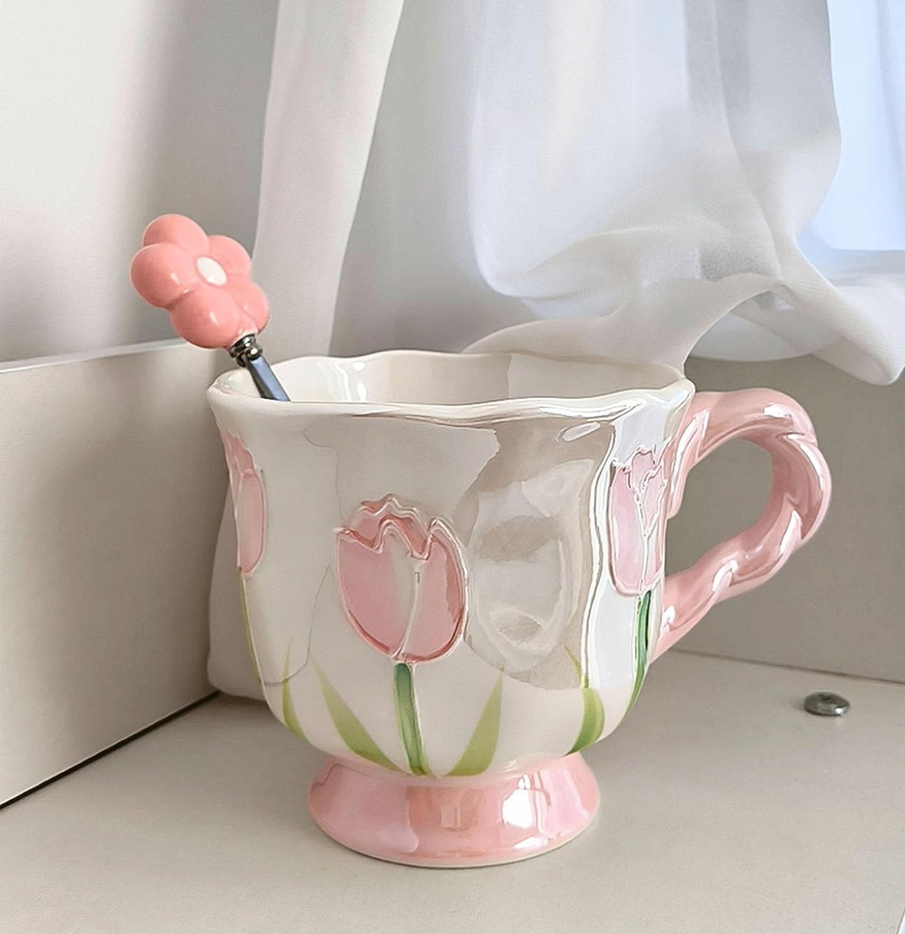 Blush Tulip Mug with Flower Spoon