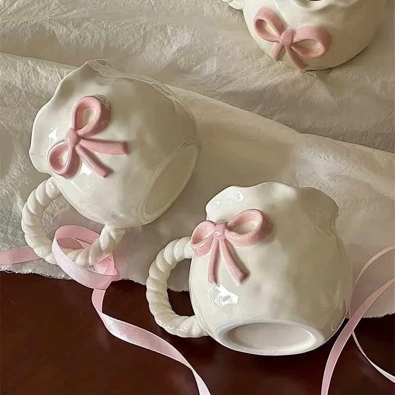 Blush Ribbon Mug with Sakura Flower Spoon– Handcrafted Pink Bow Edition