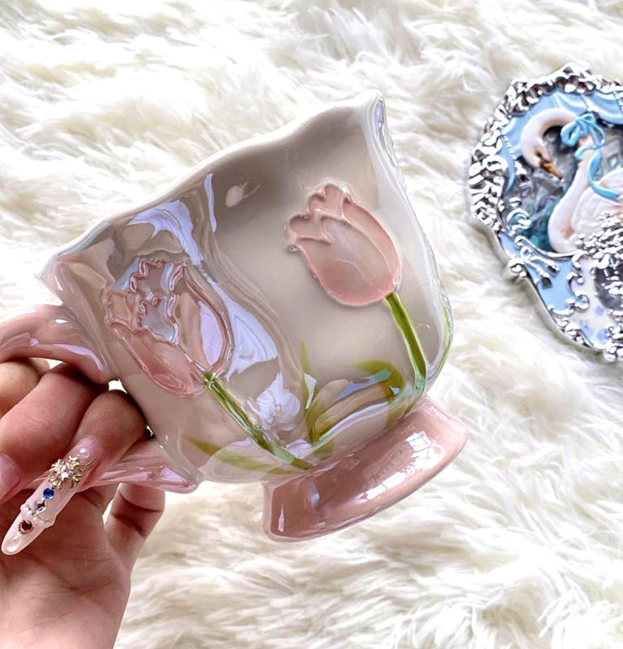 Blush Tulip Mug with Flower Spoon