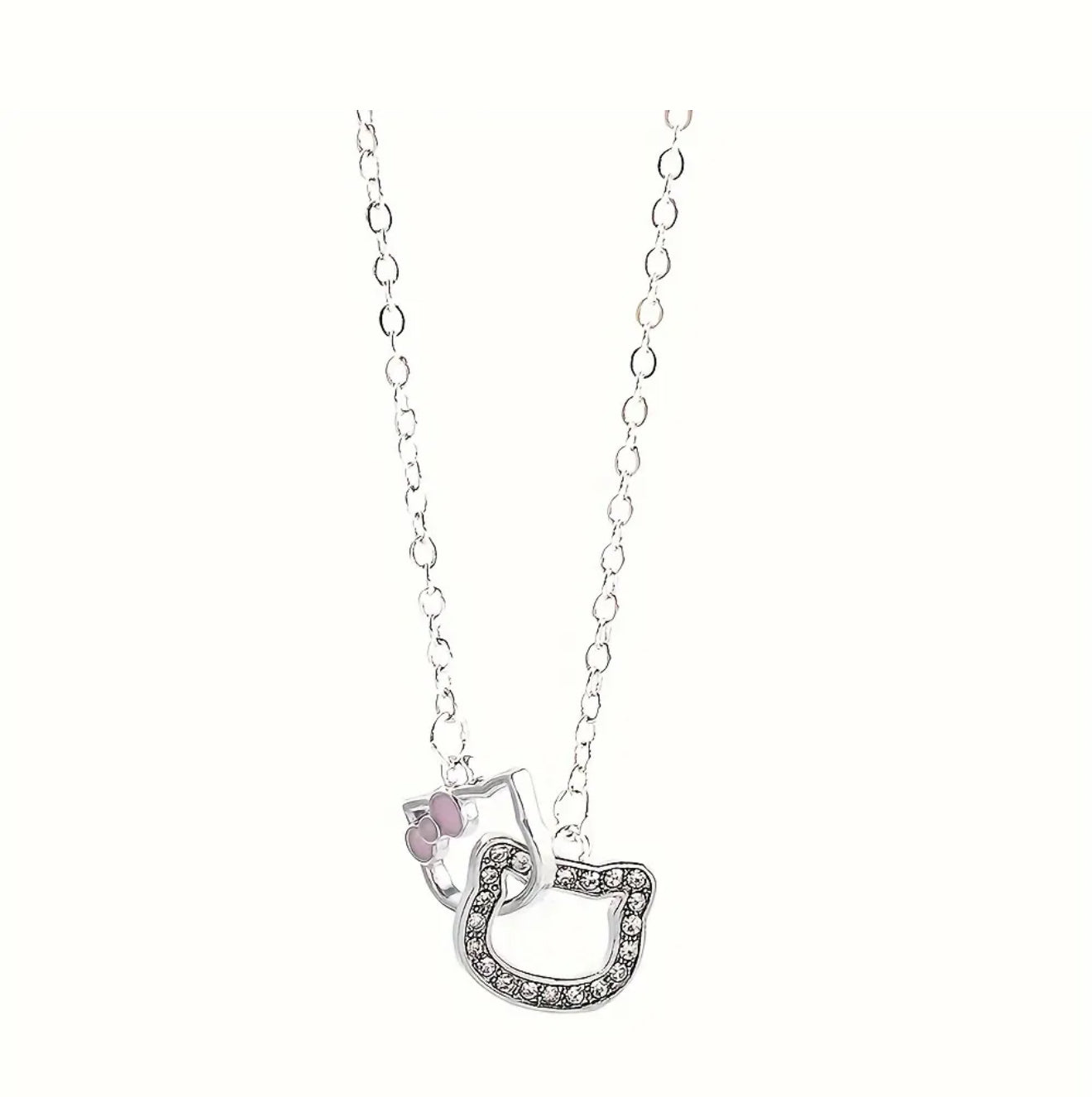 Hello Kitty Outline Pendant Necklace – Dainty Silver with Pink Bow Accent