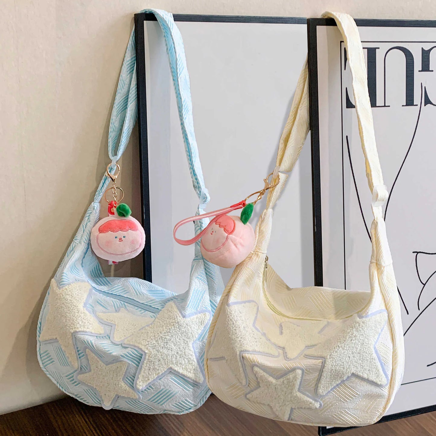 Korean Style Plush Star Patch Sling Bag – With Peach Charm