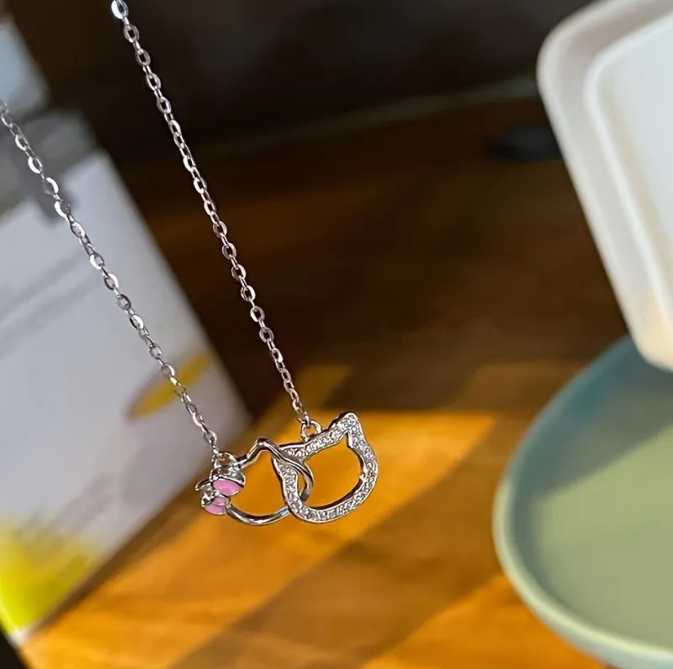 Hello Kitty Outline Pendant Necklace – Dainty Silver with Pink Bow Accent