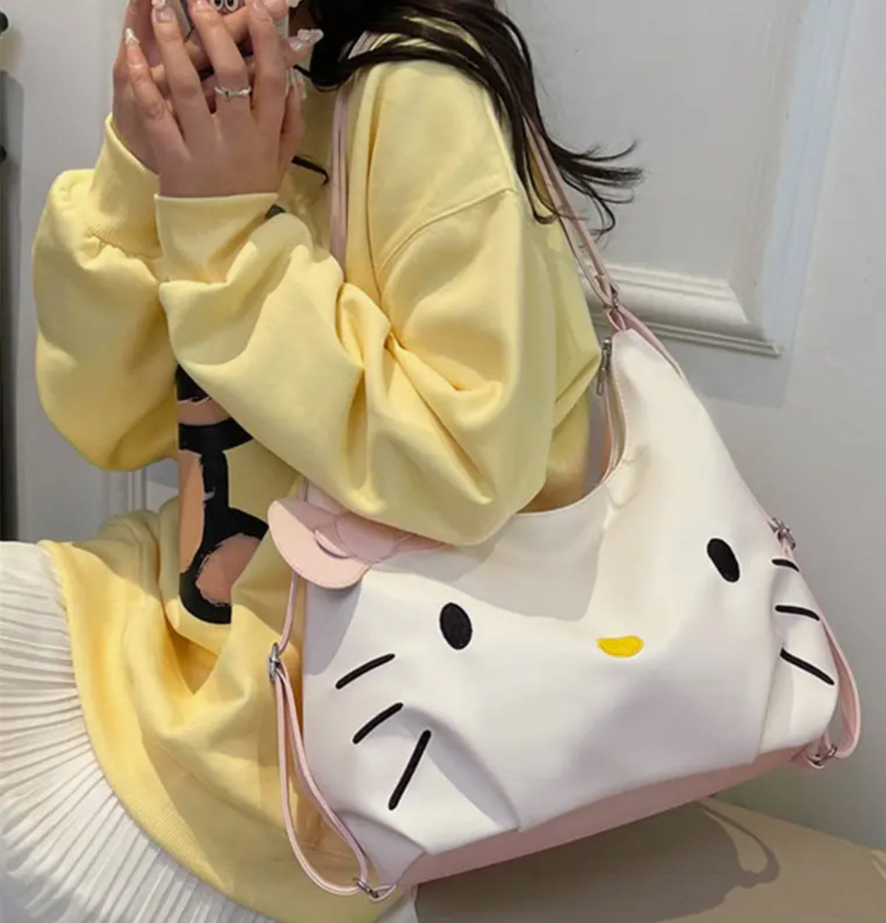 Sanrio Official Kitty Women Crossbody Bag & Backpack (white-pink)