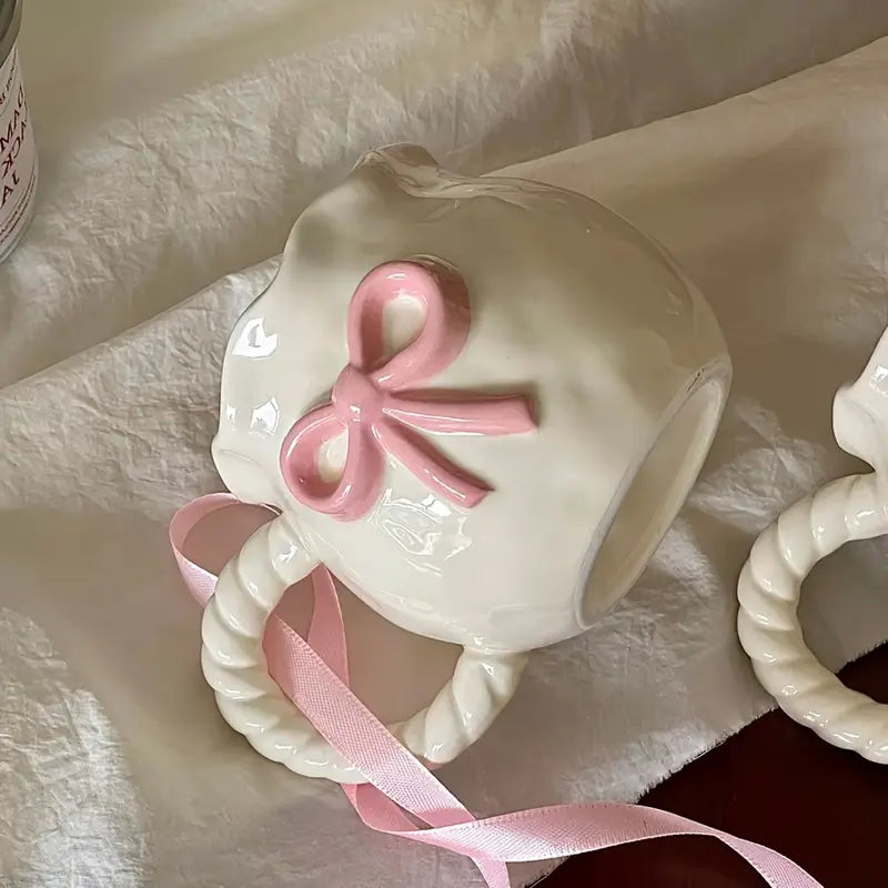 Blush Ribbon Mug with Sakura Flower Spoon– Handcrafted Pink Bow Edition