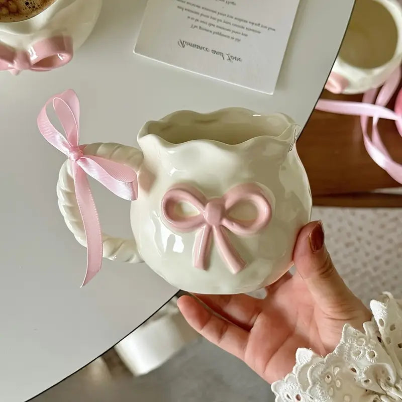 Blush Ribbon Mug with Sakura Flower Spoon– Handcrafted Pink Bow Edition