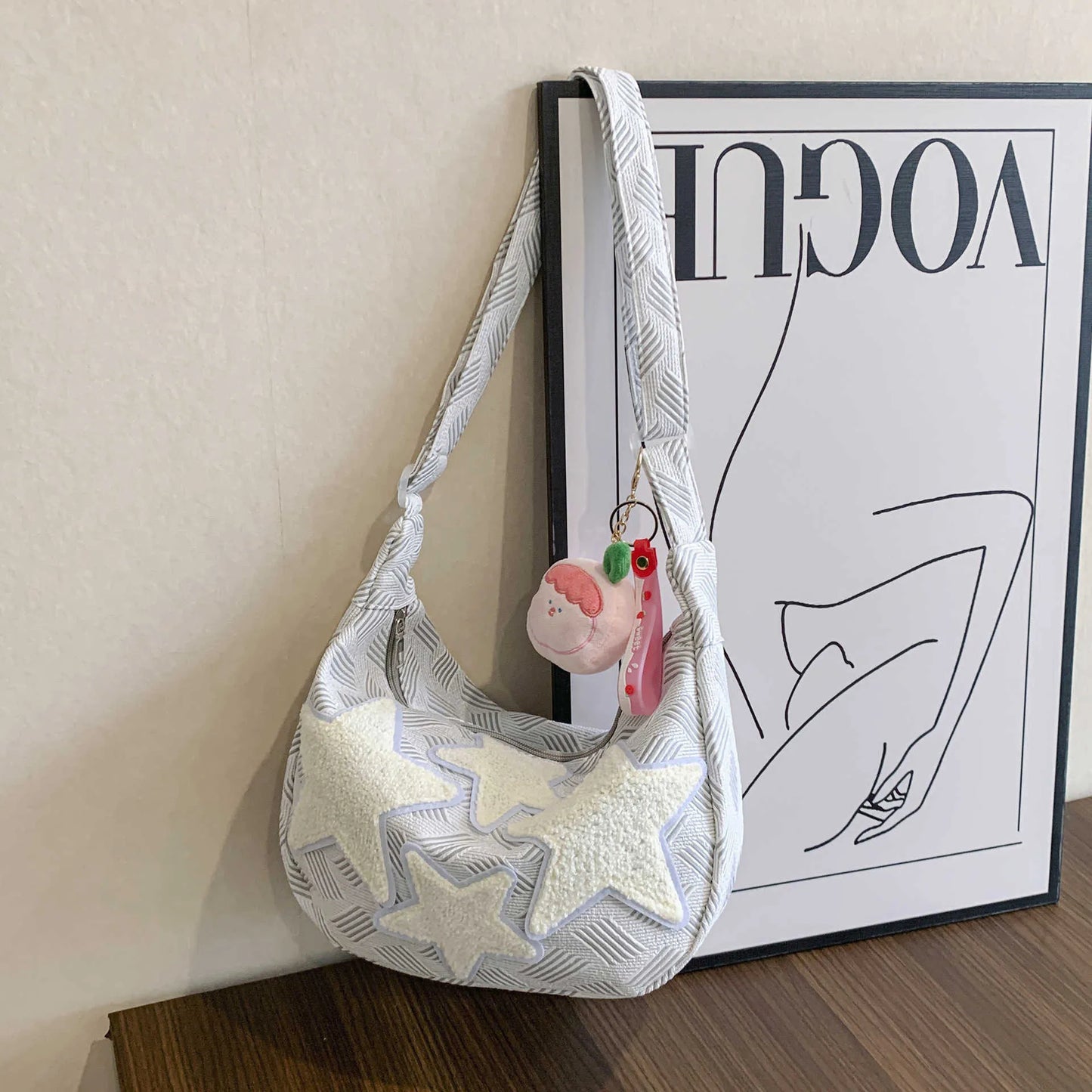 Korean Style Plush Star Patch Sling Bag – With Peach Charm
