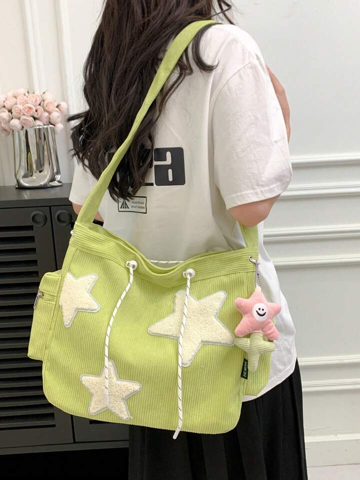 Star Patchwork Corduroy Crossbody Bag With Keychain