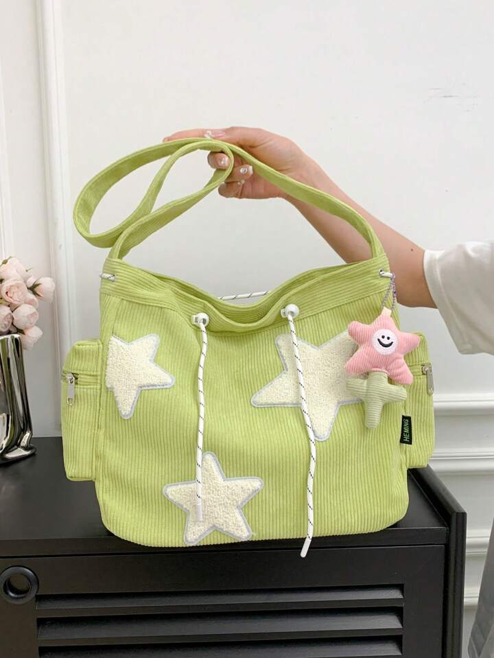 Star Patchwork Corduroy Crossbody Bag With Keychain