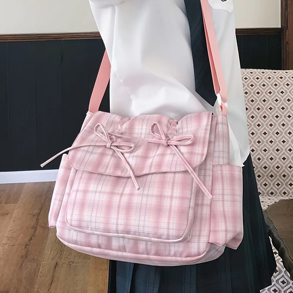 Chic Ballet-Inspired Plaid Tote with Bowknot - Spacious Nylon Shoulder Bag
