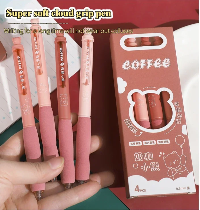 Kawaii Erasable Soft Grip Press Gel Pen Set 0.5mm Black 4 Pcs/set