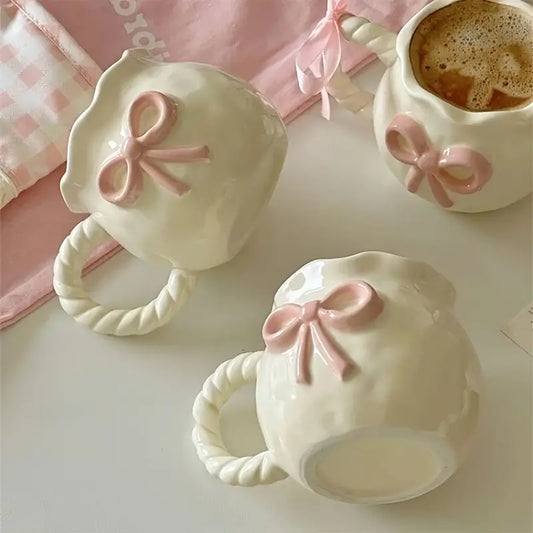 Blush Ribbon Mug with Sakura Flower Spoon– Handcrafted Pink Bow Edition