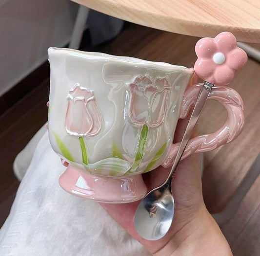 Blush Tulip Mug with Flower Spoon