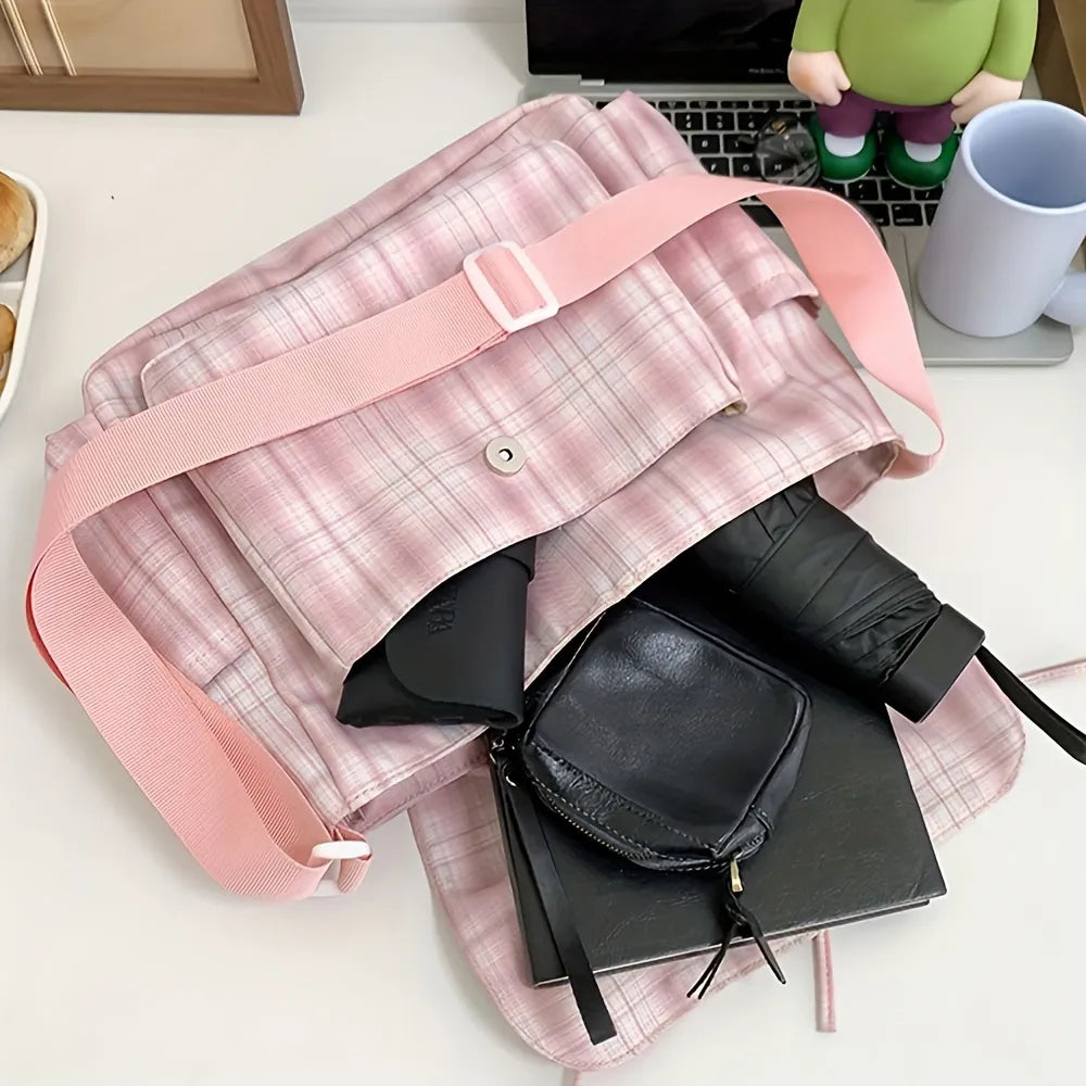 Chic Ballet-Inspired Plaid Tote with Bowknot - Spacious Nylon Shoulder Bag