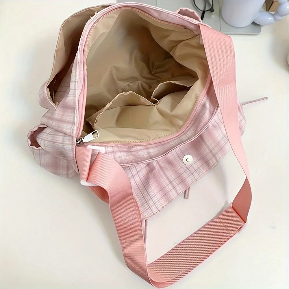 Chic Ballet-Inspired Plaid Tote with Bowknot - Spacious Nylon Shoulder Bag