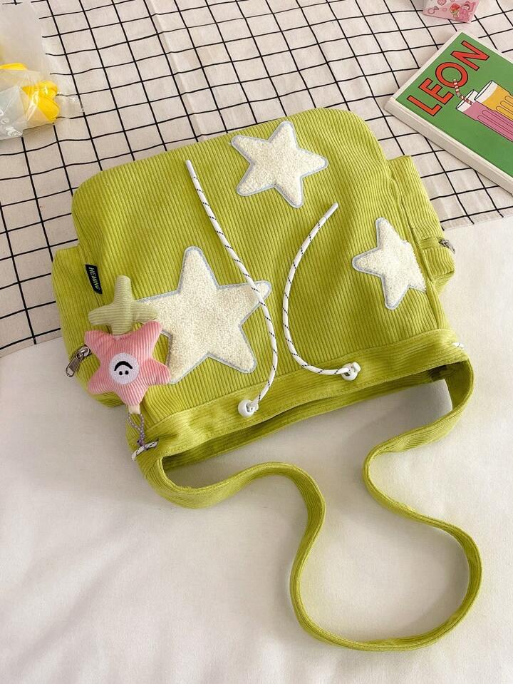 Star Patchwork Corduroy Crossbody Bag With Keychain