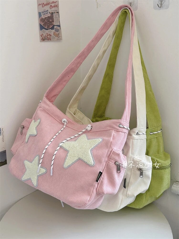 Star Patchwork Corduroy Crossbody Bag With Keychain