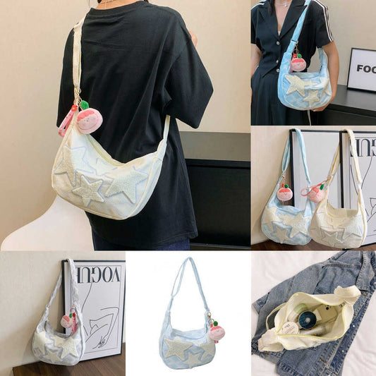 Casual Canvas Shoulder Crossbody With Plushie Stars With Dumpling Bun Keychain