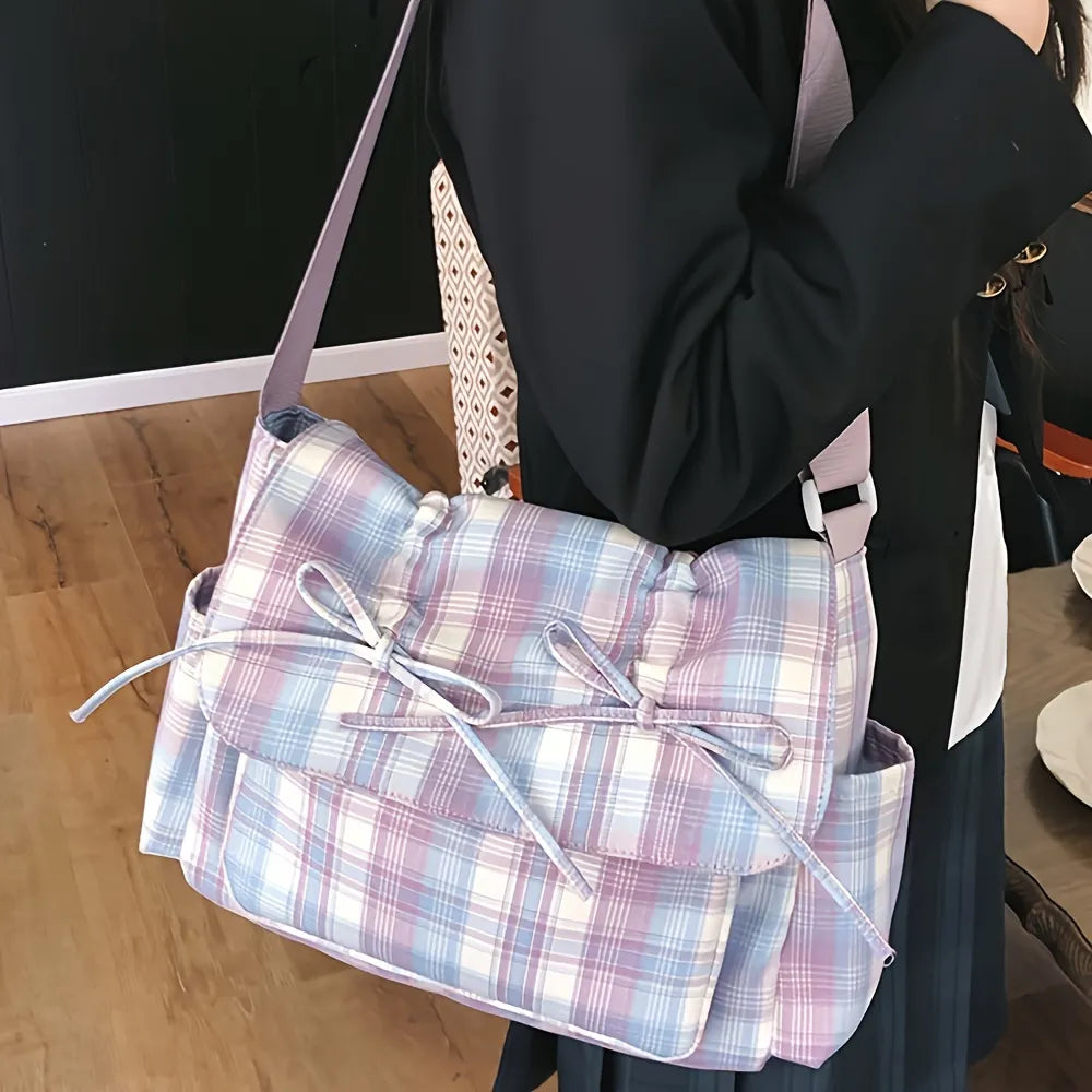 Chic Ballet-Inspired Plaid Tote with Bowknot - Spacious Nylon Shoulder Bag