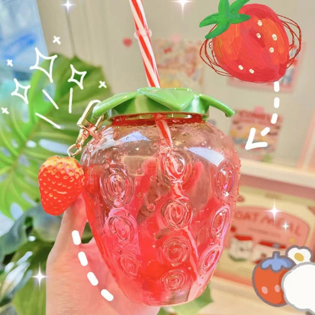 500ml Kawaii Strawberry Water Bottle with Pendant & Straw