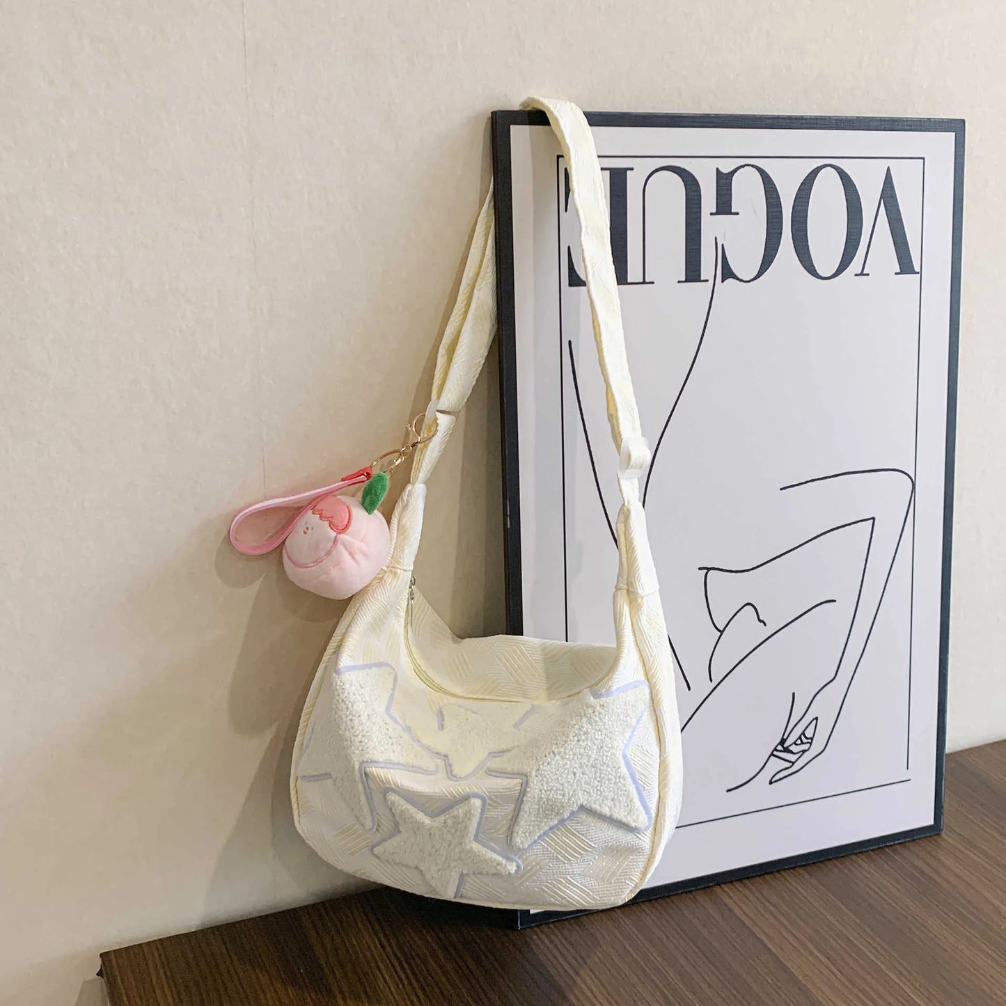 Korean Style Plush Star Patch Sling Bag – With Peach Charm