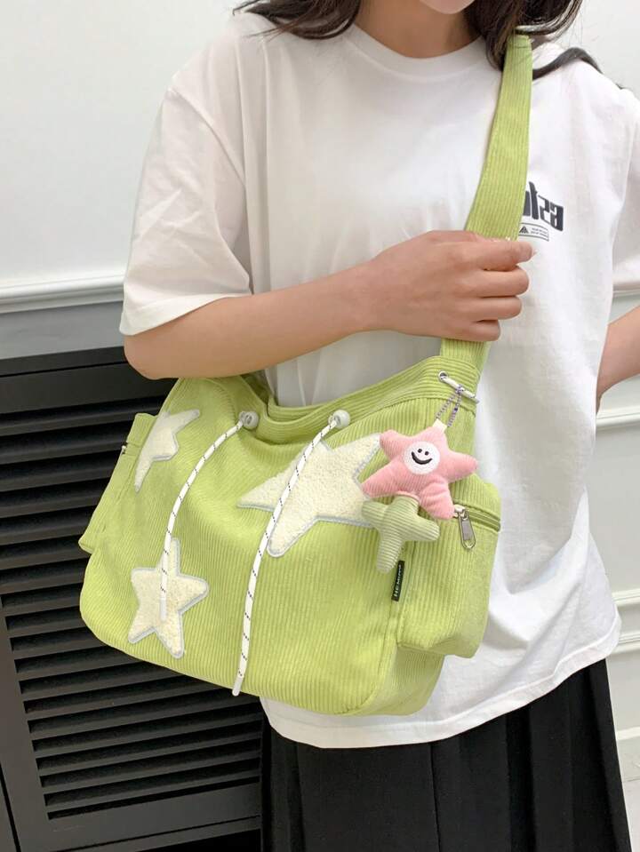 Star Patchwork Corduroy Crossbody Bag With Keychain