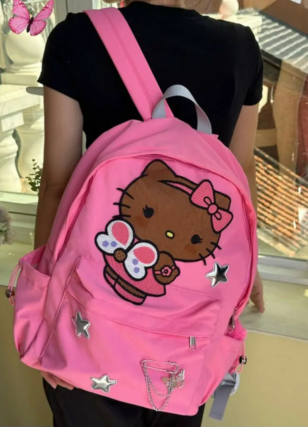 Sanrio HK Pink Silver Star Backpack with Butterfly Badge