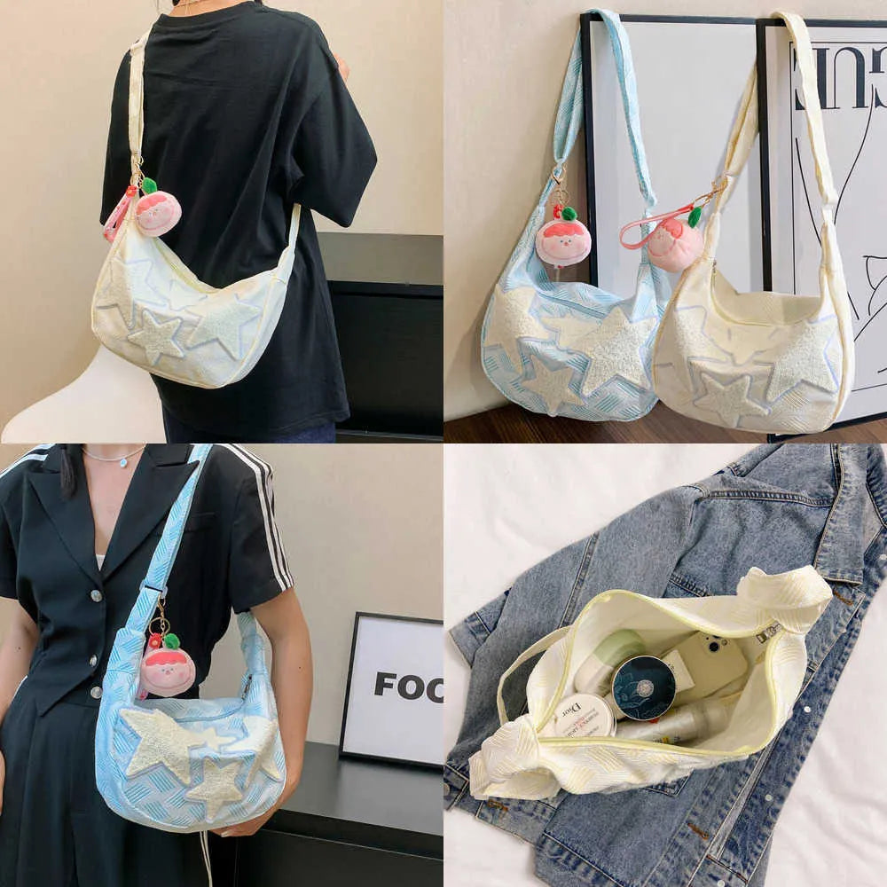 Korean Style Plush Star Patch Sling Bag – With Peach Charm