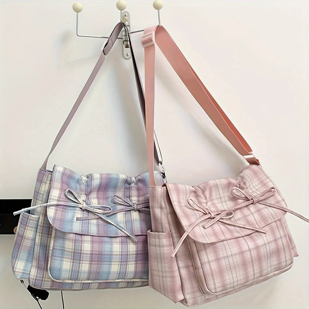Chic Ballet-Inspired Plaid Tote with Bowknot - Spacious Nylon Shoulder Bag