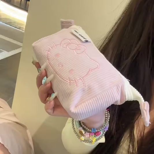 Hello Kitty Corduroy Pencil Pouch – Soft Pink Edition (Keychain Not Included)