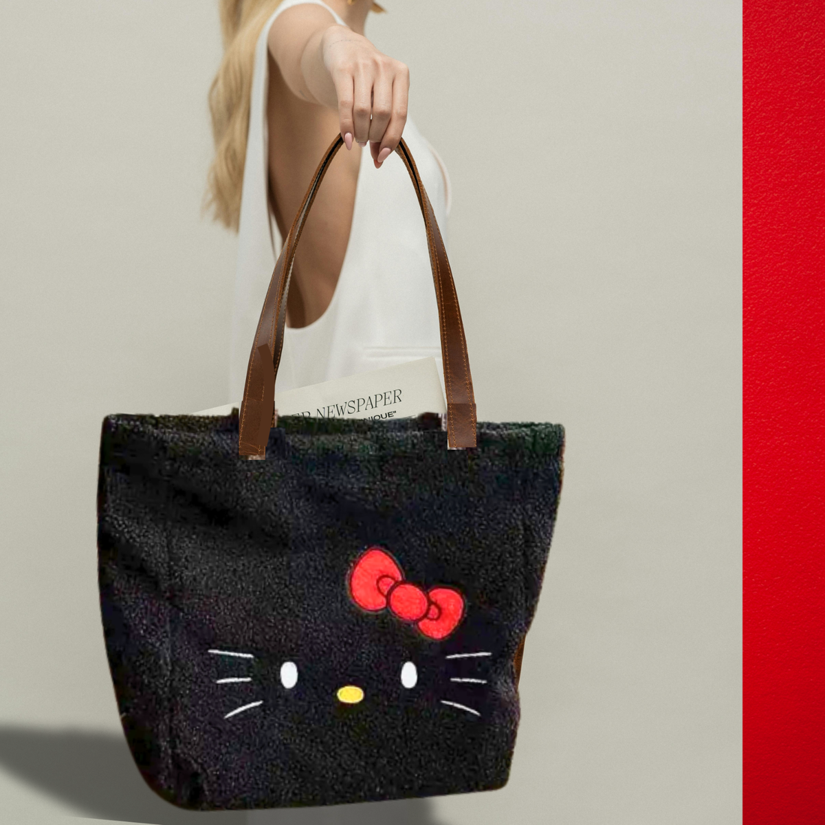 Hello Kitty Black/White Sherpa Plush Tote Bag