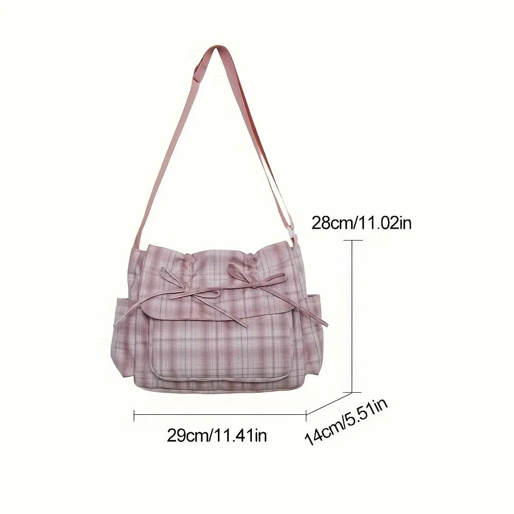 Chic Ballet-Inspired Plaid Tote with Bowknot - Spacious Nylon Shoulder Bag