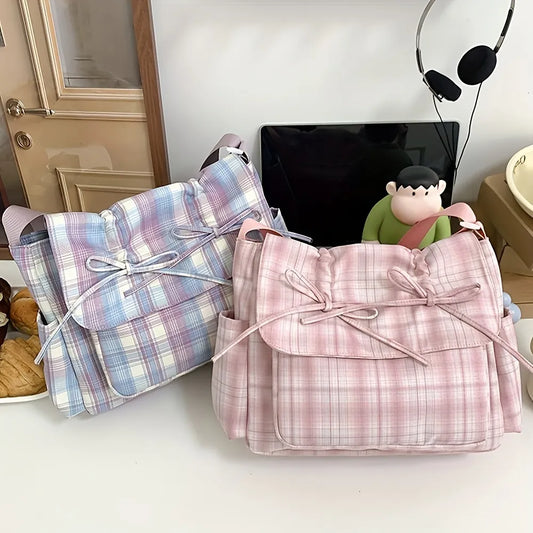 Chic Ballet-Inspired Plaid Tote with Bowknot - Spacious Nylon Shoulder Bag