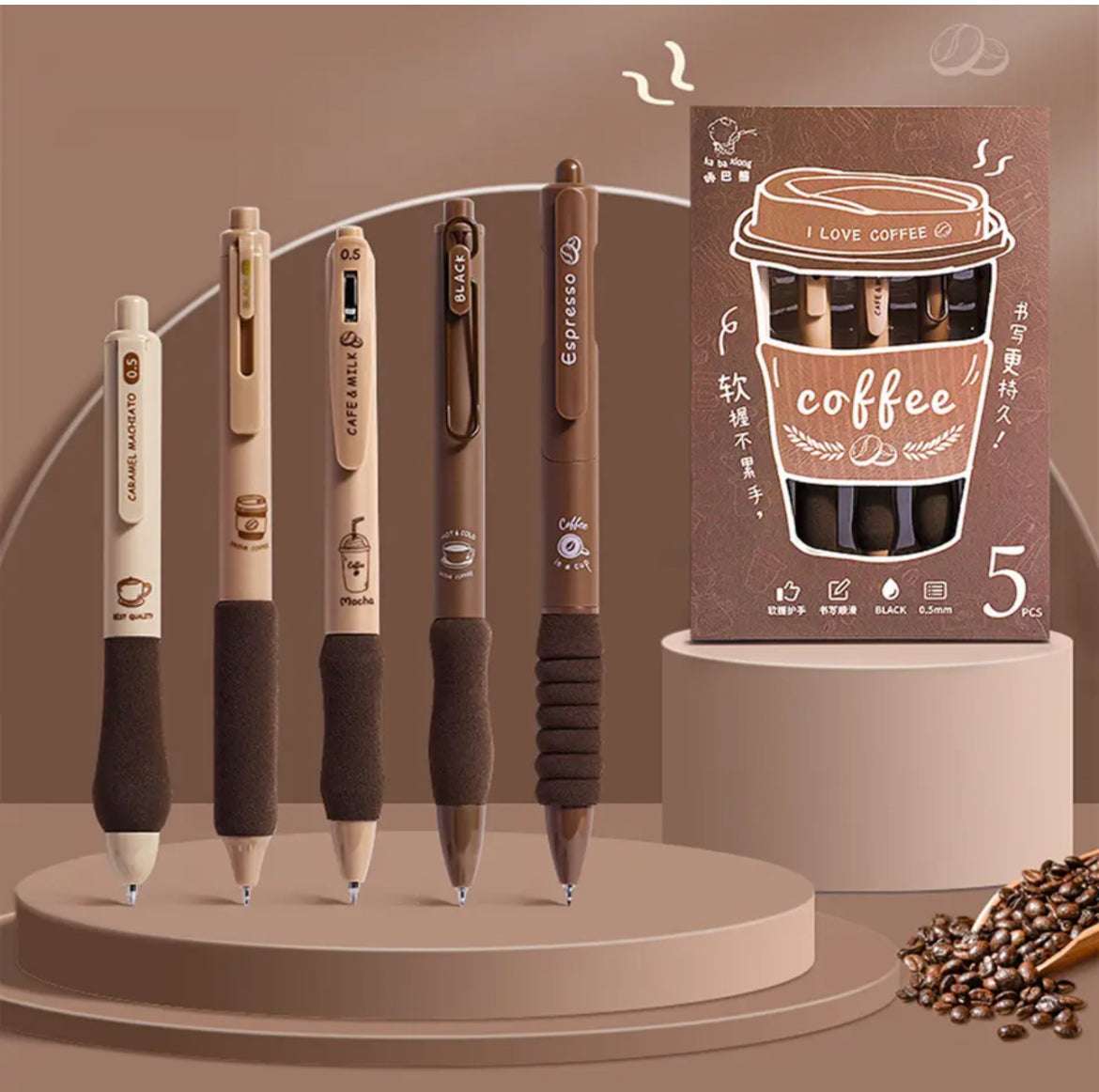 Kawaii Premium Coffee Pen Set of 5 With Soft Grip