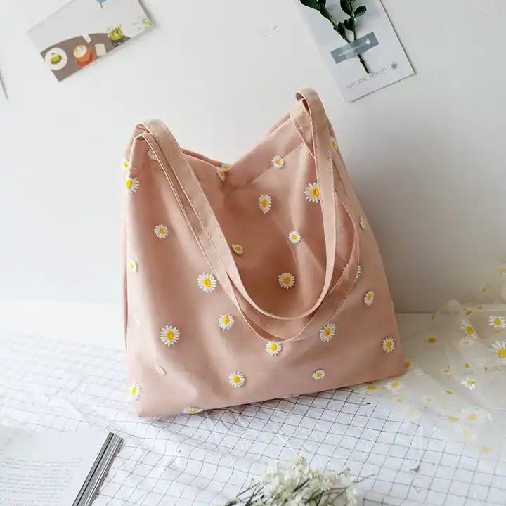 Cotton Canvas Daisy Tote Bag with Mesh Detailing
