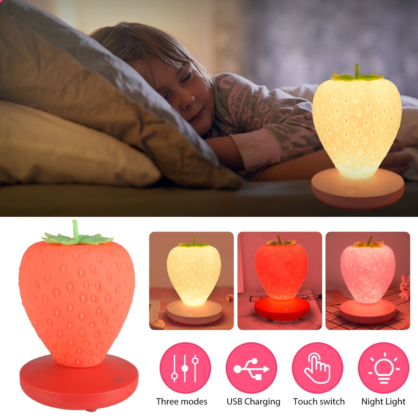 Kawaii Strawberry Silicone Night Light (with 3 shades of light)