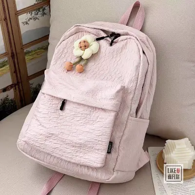 Solid Color Knapsack Pleated Backpack With Cute Floral hanging