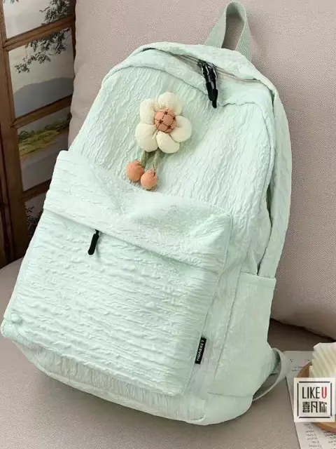 Solid Color Knapsack Pleated Backpack With Cute Floral hanging