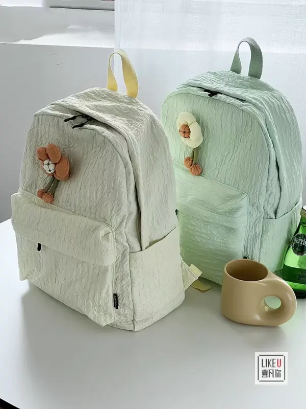 Solid Color Knapsack Pleated Backpack With Cute Floral hanging