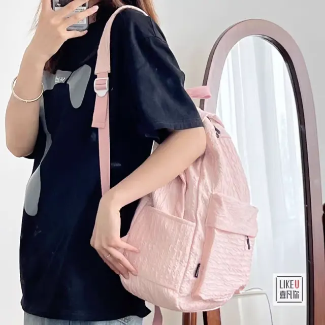 Solid Color Knapsack Pleated Backpack With Cute Floral hanging