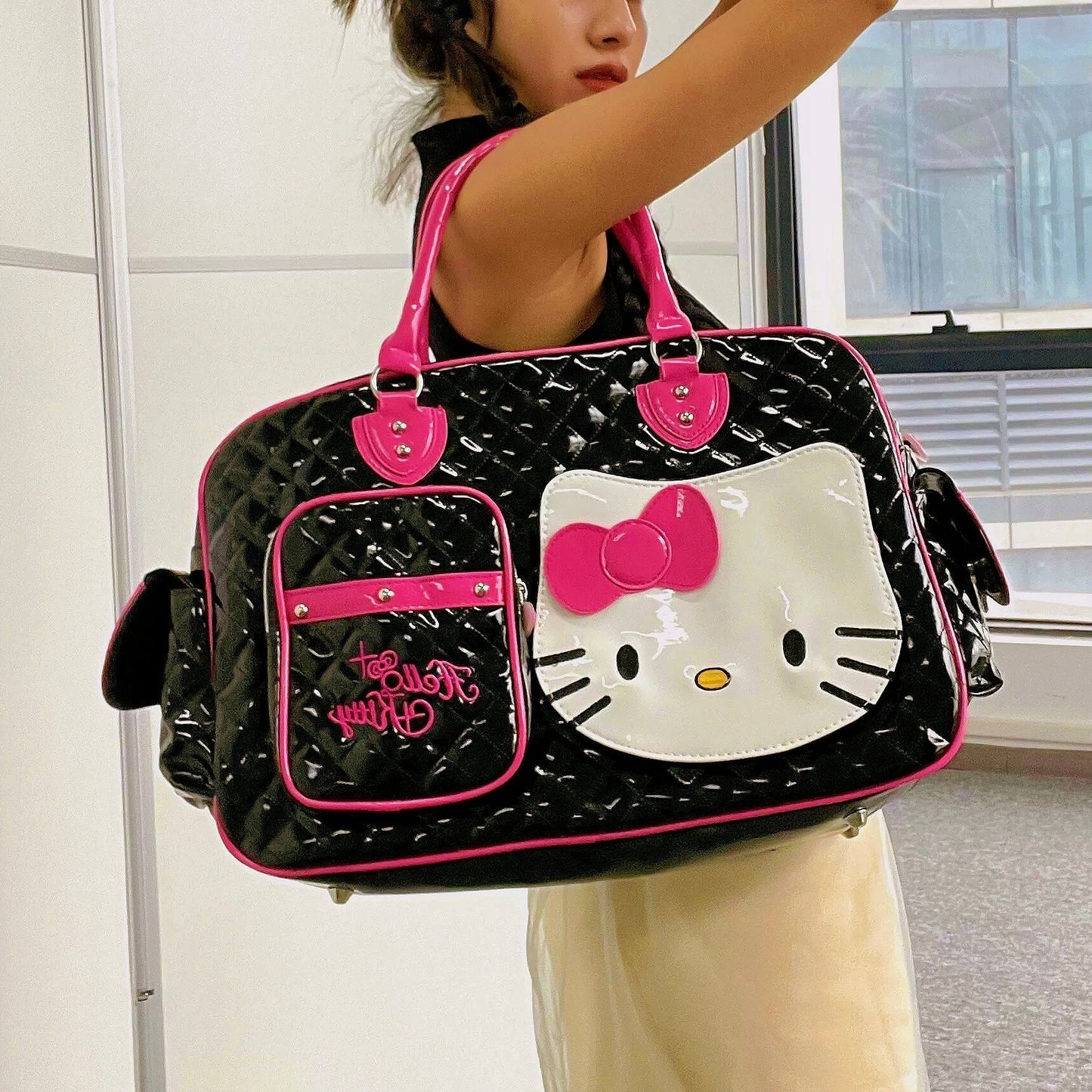 Hellokitty Black Pink Large Capacity  Travel Duffle Bag