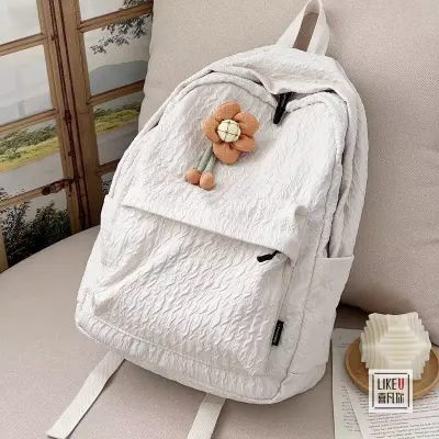 Solid Color Knapsack Pleated Backpack With Cute Floral hanging