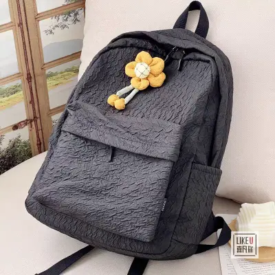 Solid Color Knapsack Pleated Backpack With Cute Floral hanging