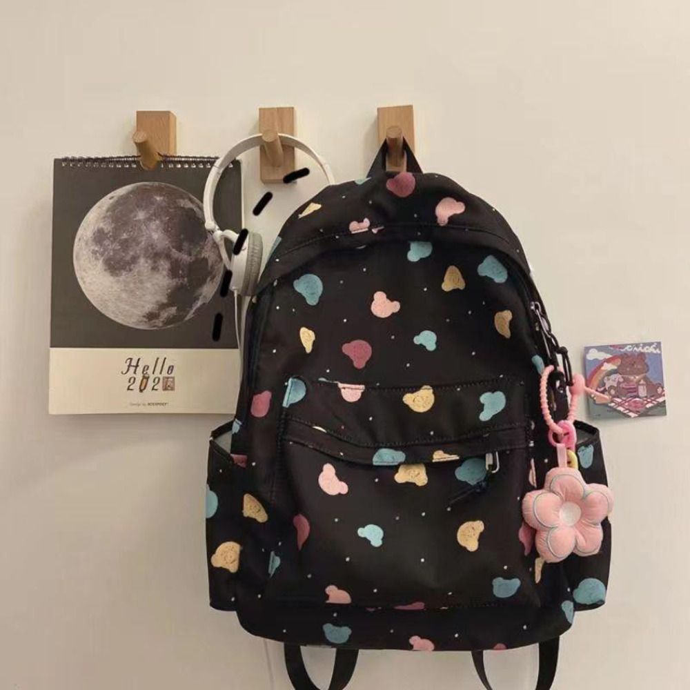 Korean cute backpack Harajuku ulzzang Japanese versatile Black Backpack With Keychain